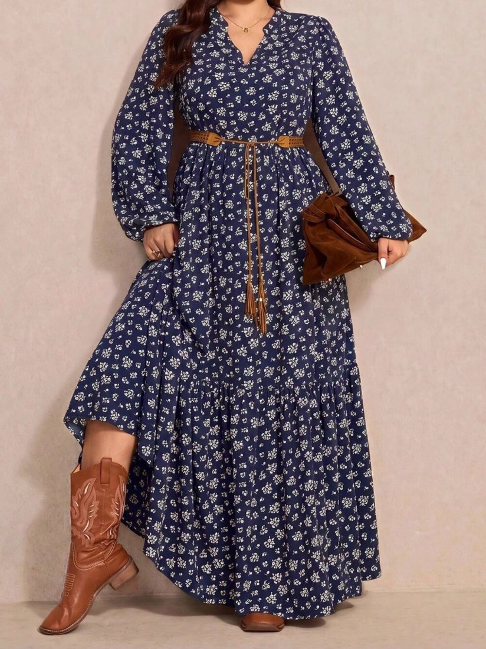 Navy Blue Boho Women's Floral V-Neck Lantern Sleeve Dress - Picture 5 of 7